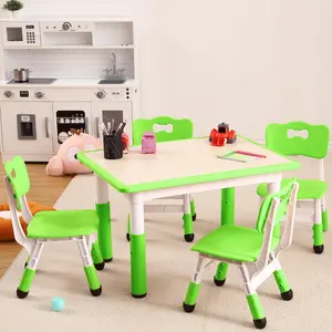 GARVEE Adjustable Table and Chairs Set for Ages 2-10, 4-Seat Desk with Graffiti Desktop, Non-Slip Design, Supports Up to 300lbs, Perfect for Classrooms, Daycares, and Home Use in Green, Light Blue, Beige, and Grey.