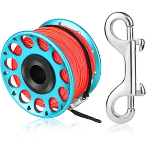 Large Aluminum Spinning Spool Dive Finger Reel with 30m/100ft High Visibility Line Double-Ended Bolt Snap Clip for Wreck Cave Diving Spearfishing Fishing Blue