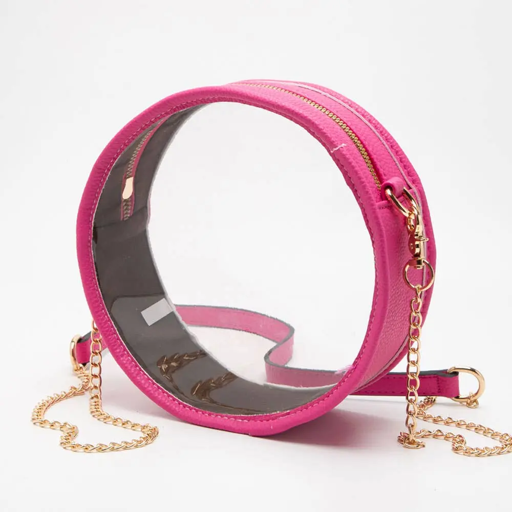 Women's Transparent Round Faux Leather Crossbody Bag - Convertible Chain Shoulder Purse with Zipper for Party, Concerts, Elegant