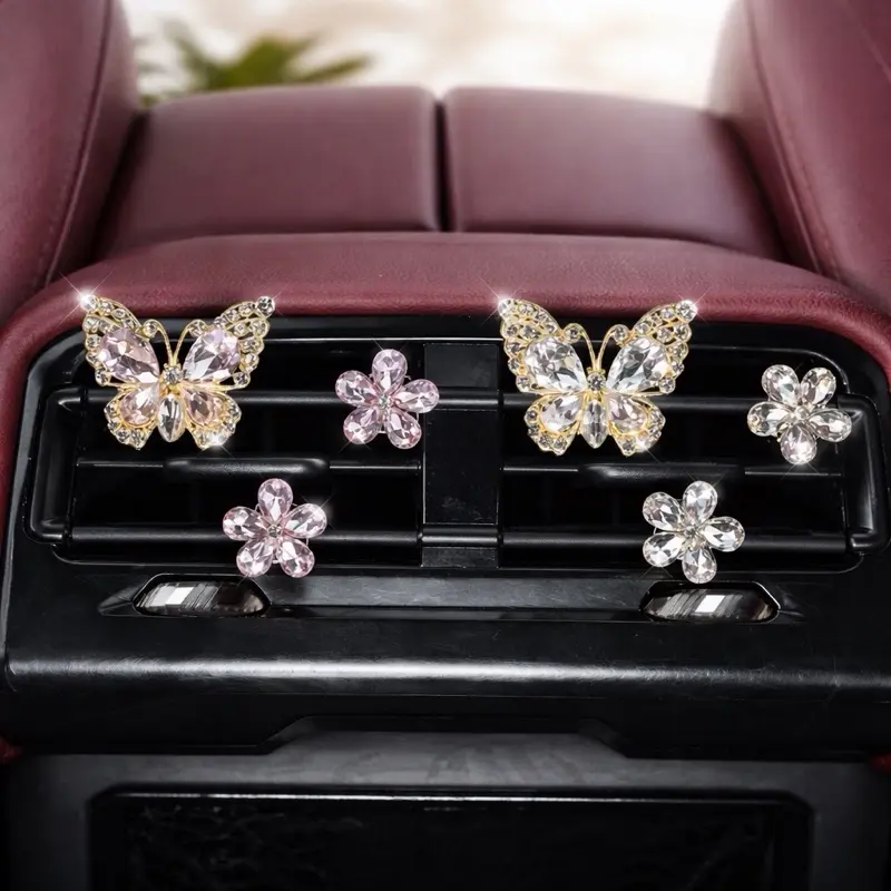 3PCS Crystal Butterfly Flower Car Air Vent Clip Decor, Air Conditioning Vent Ornament, Refillable Scent Pad included, Rhinestone Car Interior Decoration, Cute Auto Accessories
