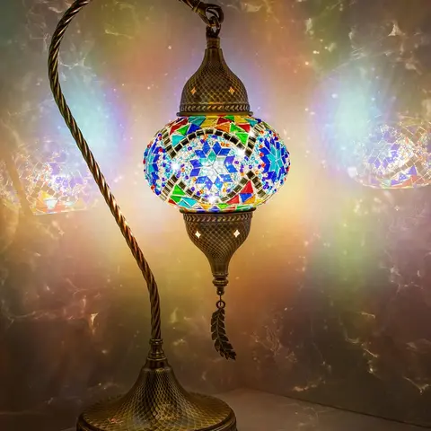 Yarra-Decor Turkish Moroccan Mosaic Table Lamp with Bronze Base - 3 Color Options Handmade Swan Neck Tiffany Mosaic Glass Bedside Lamps for Bedroom, 19" Blue1(LED Bulb Included) Home Design Easter gifts