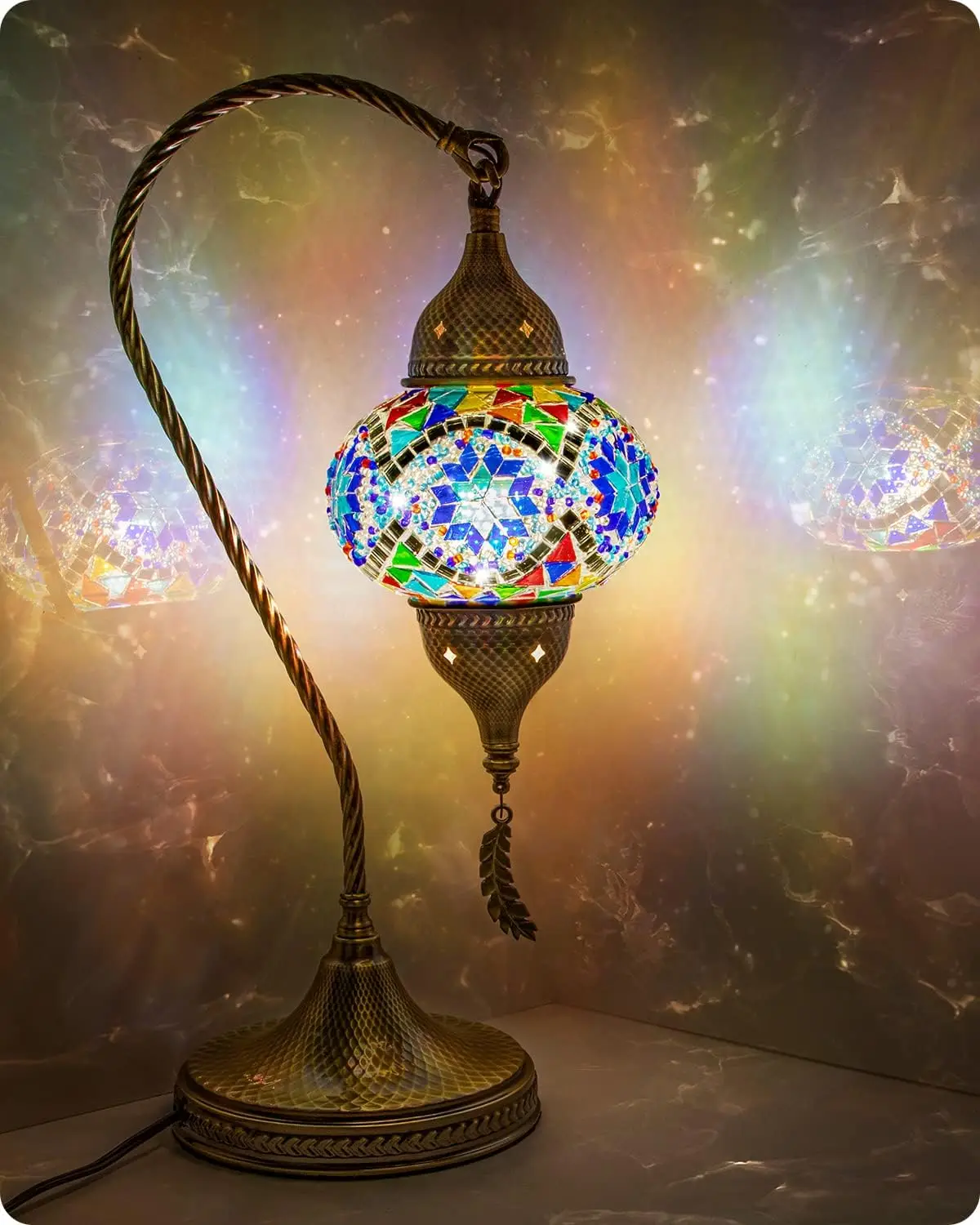 Yarra-Decor Turkish Moroccan Mosaic Table Lamp with Bronze Base - 3 Color Options Handmade Swan Neck Tiffany Mosaic Glass Bedside Lamps for Bedroom, 1