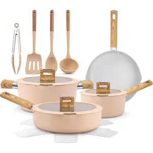 14-Piece Non-Stick Set - Induction Safe Pots and Pans with Lids, Cool-Handles, Even Heat Distribution, Dishwasher Safe, Includes Ladle, Tong, Spatula (Pink)