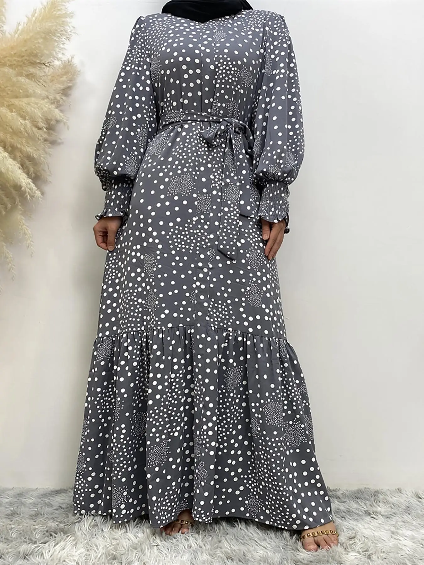 Women's Polka Dot Print Belted A Line Dress, Modest Long Sleeve Round Neck Dress for Summer, Women's Islamic Clothing for Daily Wear