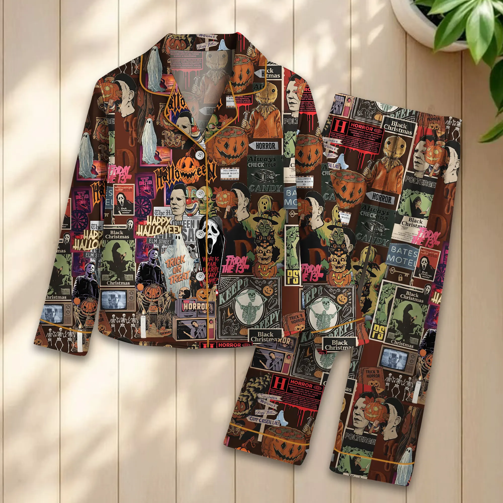 Women’s Glossy Satin Short Sleeve Pajama Set - Polyester Retro Horror Movie Ghost Pumpkin Style, Adjustable Lady’s Halloween Sleepwear Set