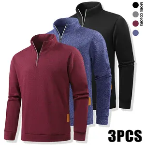 3 pack men's fleece half zip up sweatshirt, casual solid color stand collar long sleeve knitwear, 100% polyester fiber, slightly stretchy, suitable for hiking and outdoor activities