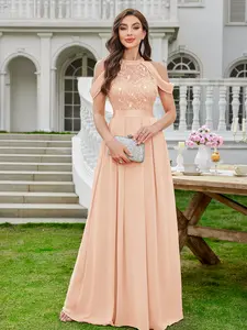 Miusol 25755A Women's Elegant Halter Sequin Embroidered Lace Off Shoulder Chiffon Sleeve Formal Evening Party Maxi Dress for Cocktail and Prom Events