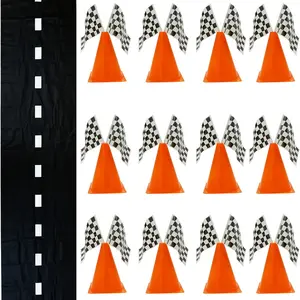 38 Pieces Set - 12 Traffic Cones With Hole on Top, 24 Checkered Flags, Racetrack Floor Runner for Race Car Birthday Party Supplies, Table Centerpiece Decorations Kids Gift
