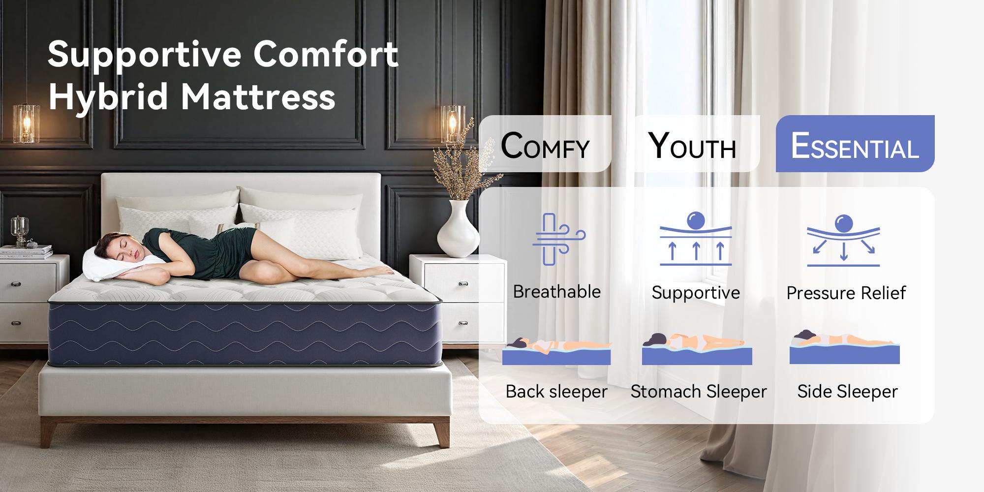 8/10/12/14" Hybrid Mattress - Medium Firm Memory Foam & Individually Pocketed Coils Ergonomic Lumbar Support for Back Pain Relief Silent Motion Isolation Bed in a Box Queen/Full/Twin Size