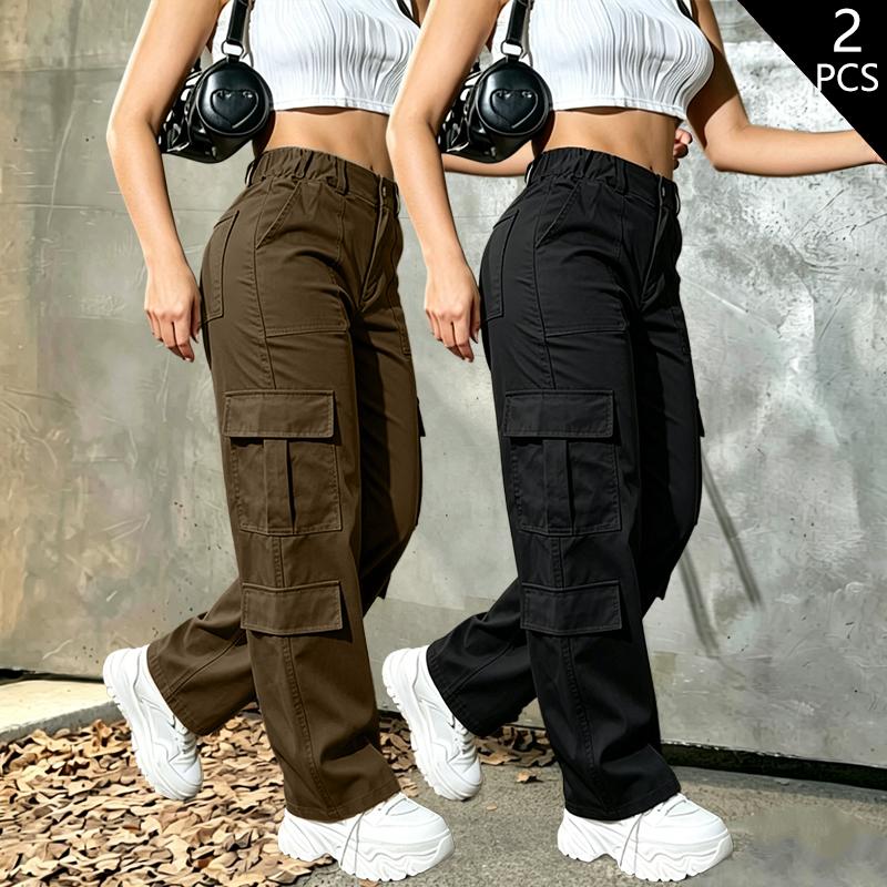Women’s two-pack outdoor cargo pants, American-style casual long pants, multi-pocket straight-leg design, commuter long pants, travel clothing, outdoor pants, casual style, practical pants, multi-pocket pants, women’s fashion