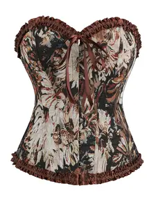 Women's Court Style Bodycon Corset, Monet Oil Painting Floral Jacquard Boned Shapewear, Lace Back Tie Sexy Elegant Top for Parties Holidays, Vintage Corset Tops