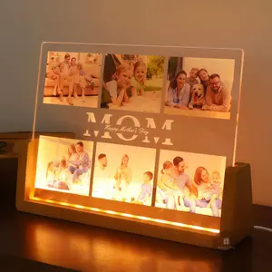 Aesthetic Customized Mother's Day Gift Custom Photo Night Light Plaque for MOM Birthday Gift Idea, New Mom Grandmother Wife Anniversayr Gifts Home Decor Desk Lamp with 6-Picture Display Acrylic Plaque LED Wooden Base Minimalist