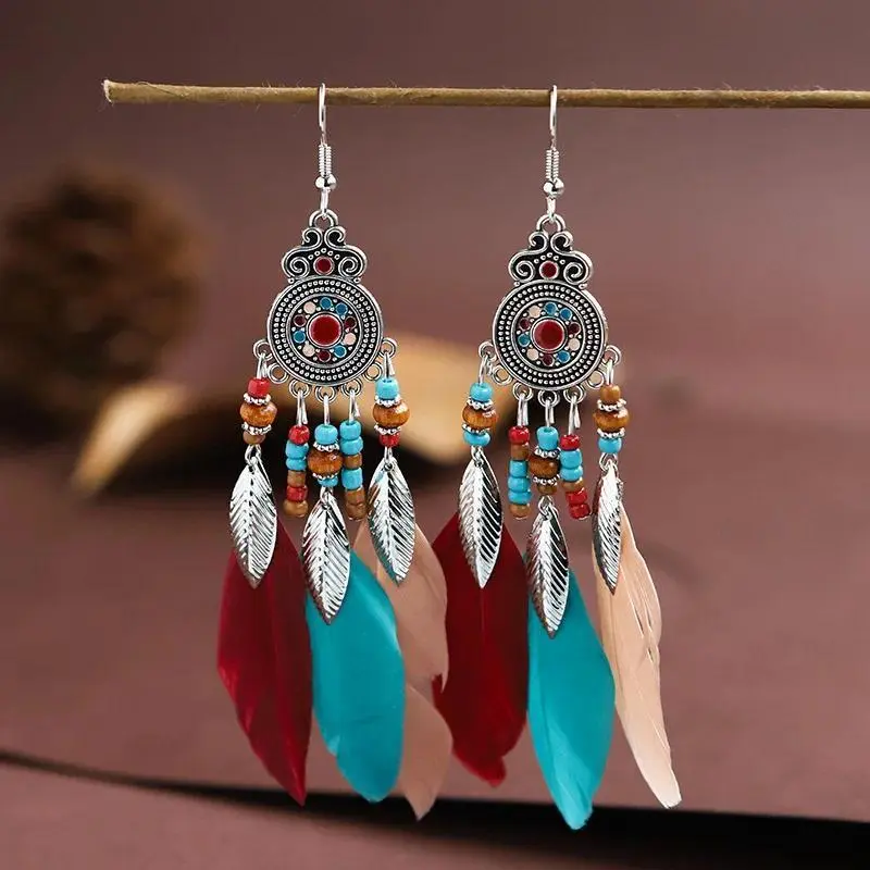 Women's Bohemian Dangling Earrings - Copper, Ethnic Long Tassels, Feather Design, Wood Beads, Leaf Accents, Colorful Traditional Boho Style Costume Jewelry, Colorful Traditional Earrings, Boho Style Earrings