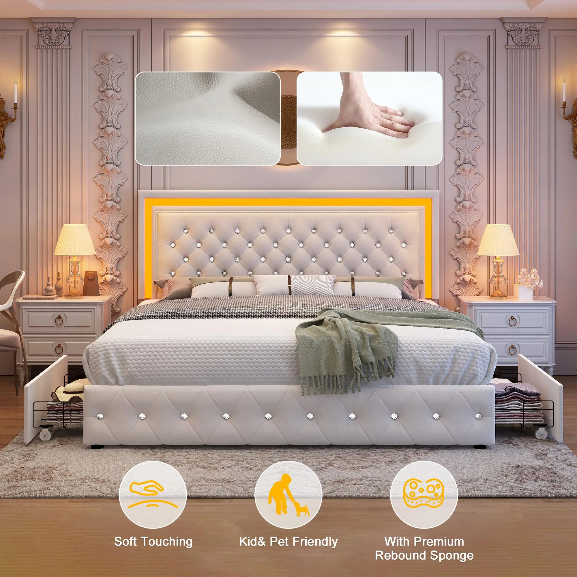 [SummerSale] GEGOFORU Queen Storage Bed Frame with 4 Drawers, Modern Design LED Upholstered Platform Bed, Smart RGB Lights, Luxury Velvet Headboard with Adjustable Height, Cozy Bedroom Upgrade, No Box Spring Needed #back to school