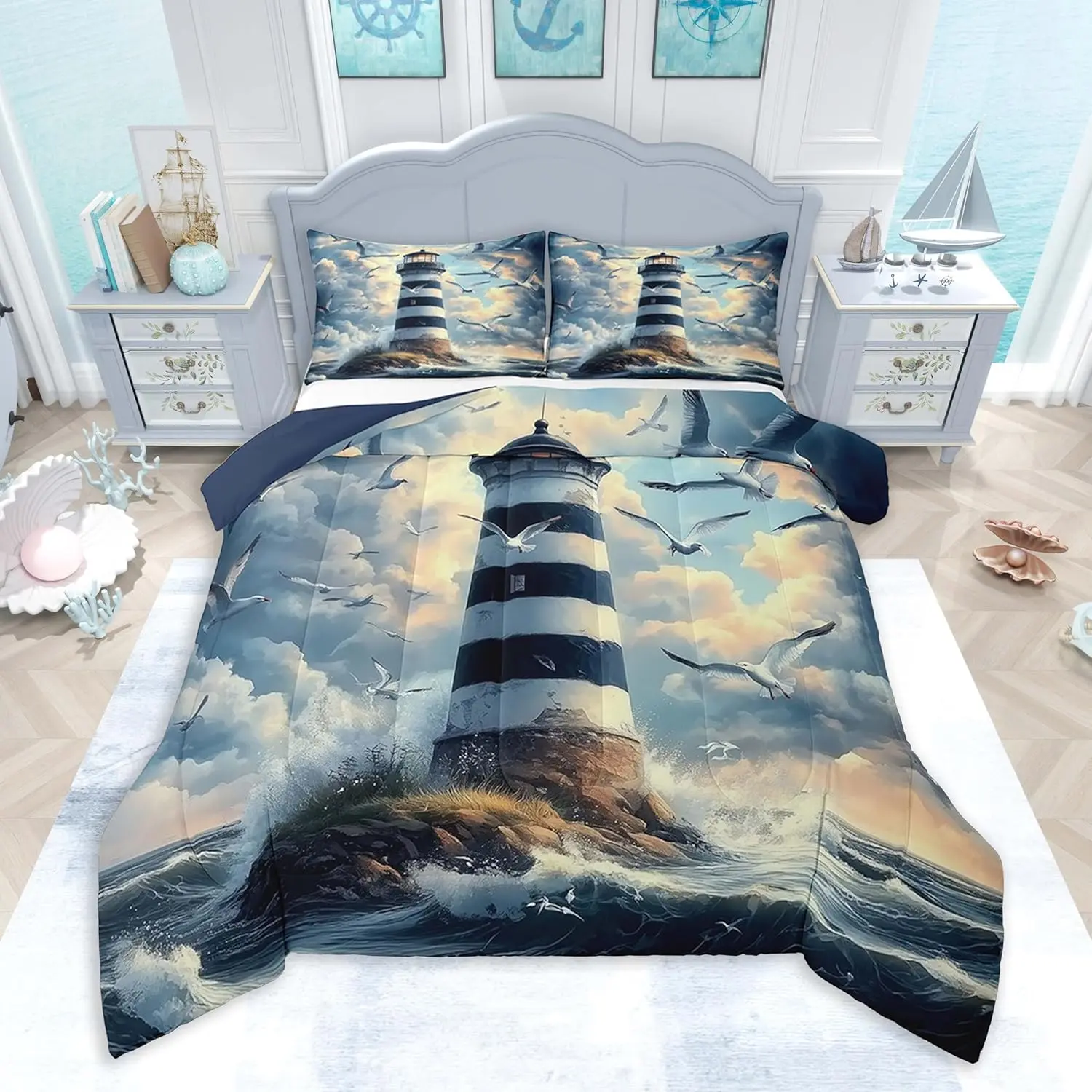Lighthouse Comforter Seagull Ocean Sea Comforter Set Coastal Beach Bedding Set Room Decorations Duvet Set