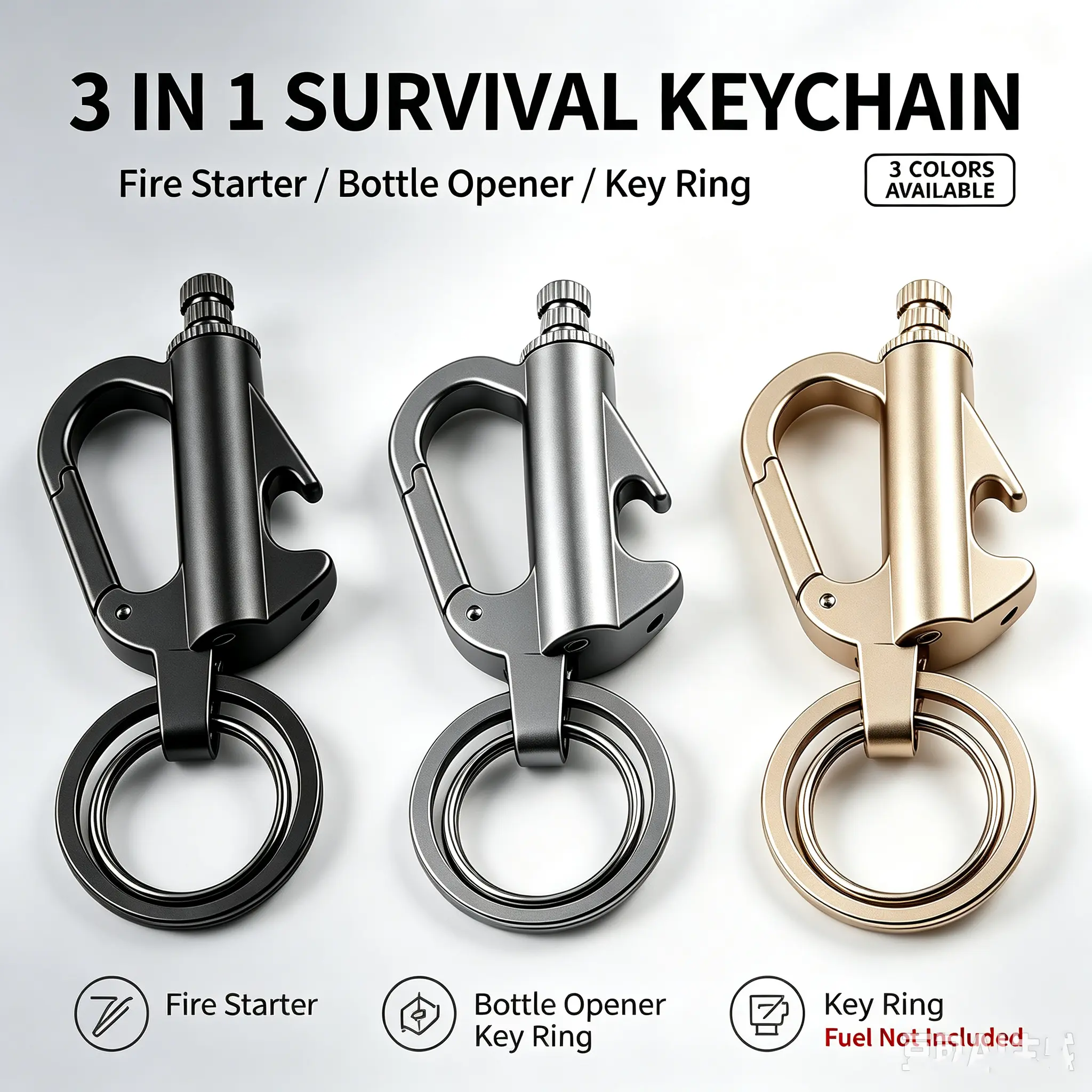 3 in 1 Fire Starter Keychain with Bottle Opener, Outdoor EDC Survival Multi-Tool, Fuel Not Included