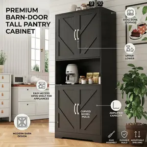 ZR-Garvee 70 Inch Tall Kitchen Pantry Cabinet with Microwave Stand and 4 Doors Large Storage Hutch with Adjustable Shelves Freestanding Cupboard for Pantry and Kitchen