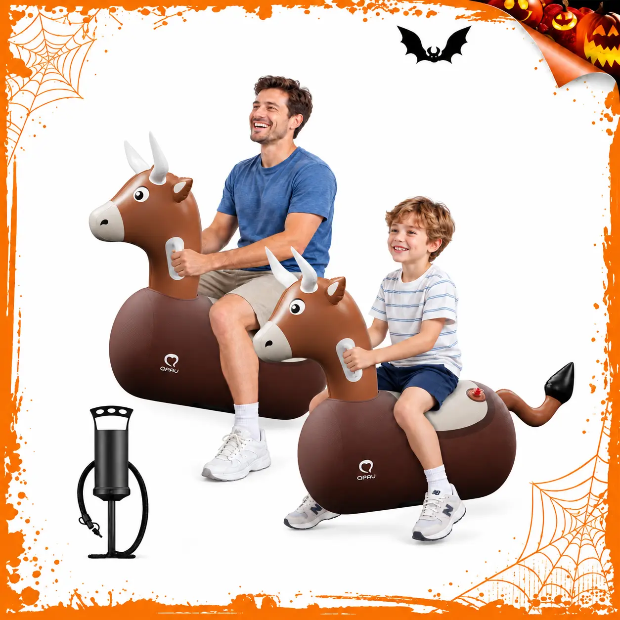 QPAU Large Bull Bouncy Hopper for Kids Ages 5+, Inflatable Ride-On Jumping Toy with Hand Pump, Indoor & Outdoor Play, 220 lbs Capacity, Halloween Gifts