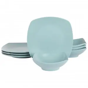 212 MAIN Square Fine Ceramic Tableware Set - 8-Pieces Zen Buffetware, Matte Arctic Blue, Includes Plates, Dinner Plates and Bowls