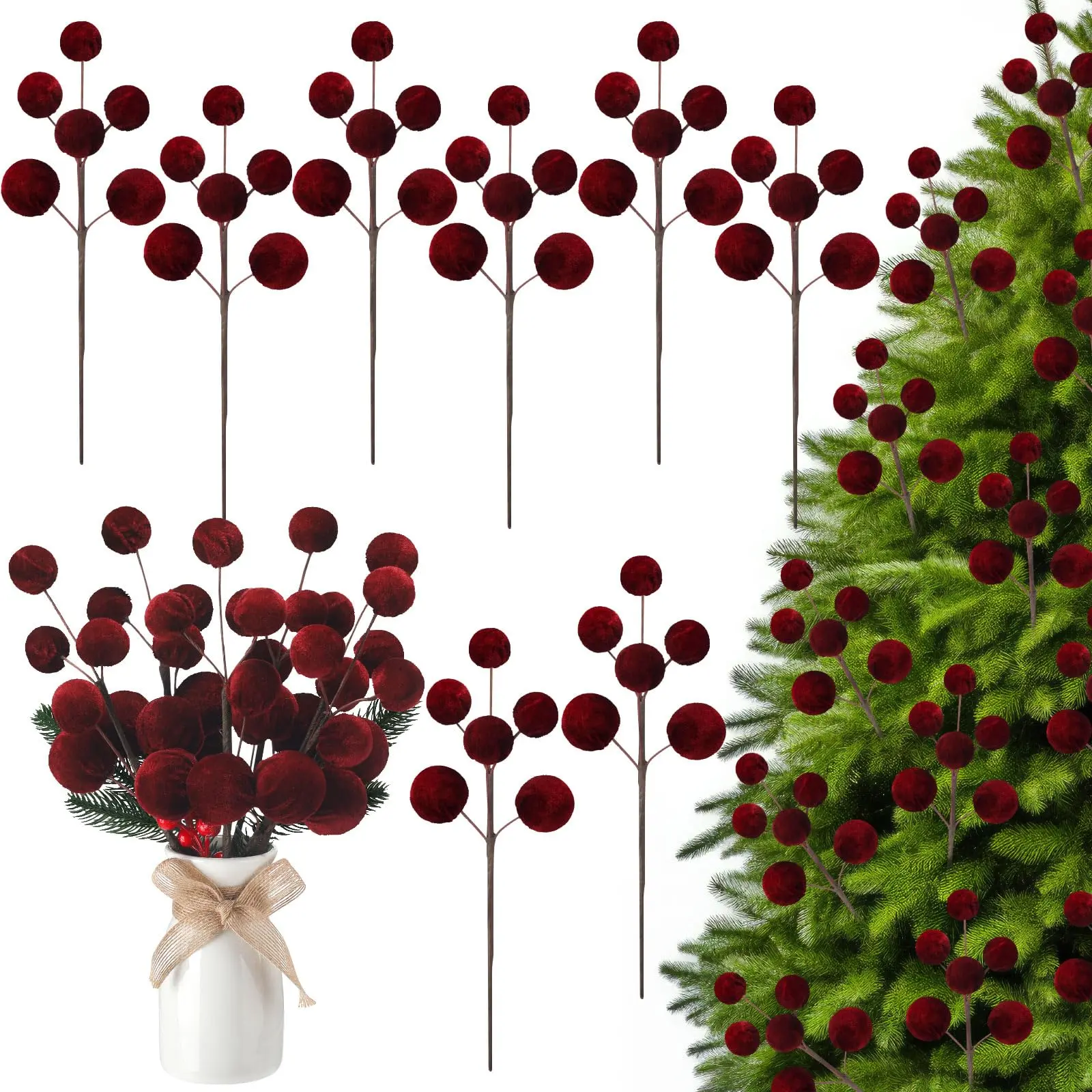 14-in Classic Lightweight Durable Velvet Ornament Set (6-Piece) - Festive Decoration, Wreath & Tree Use, Anniversary & DIY Holiday Craft Home Accent, Velvet Picks