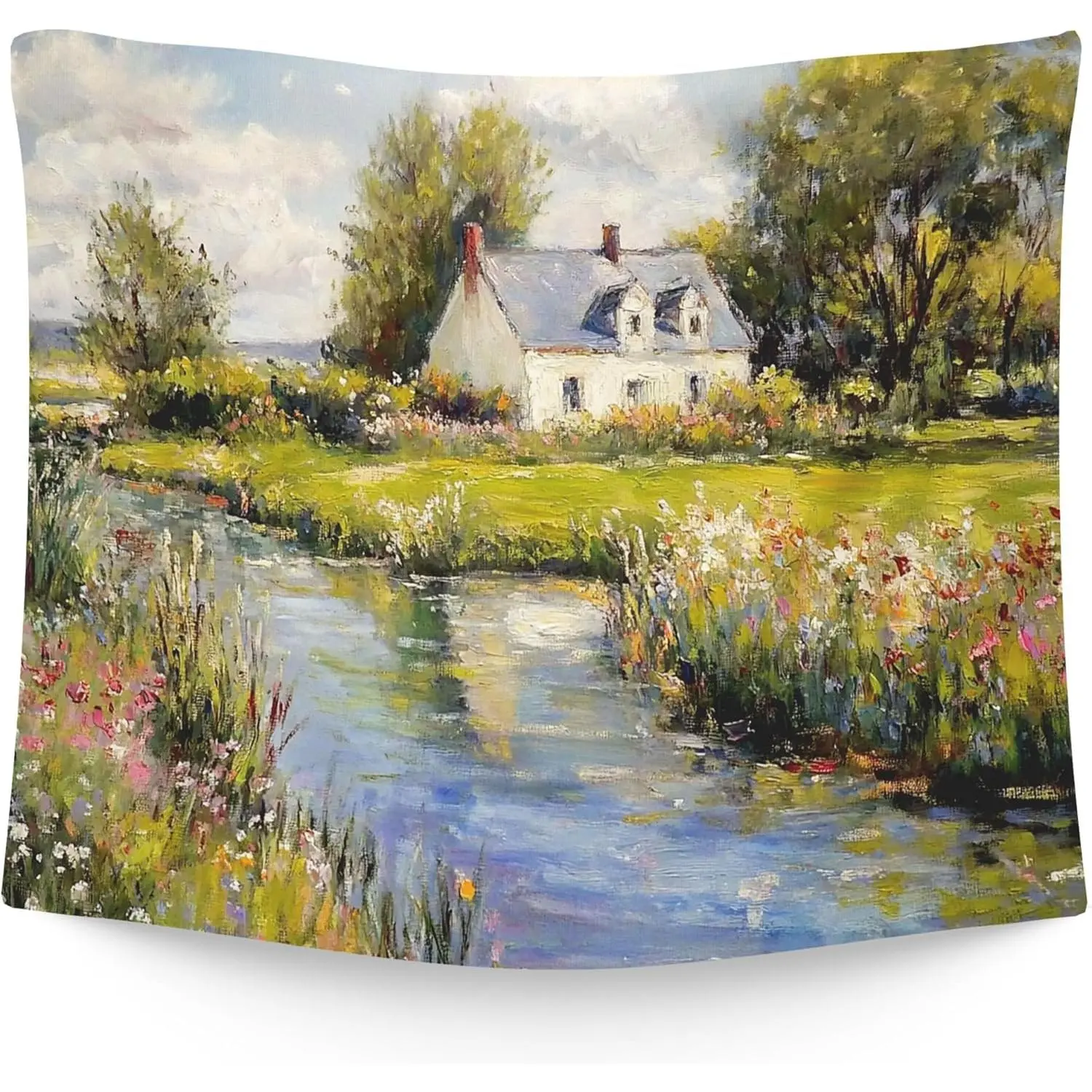 Vintage Spring Landscape Cottage Tapestry - Polyester Waterproof Cottagecore Wall Art with Geometric Figure Accents, Rustic Home Decor for Bedroom/Room, Spring Scene