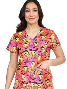 Zavate Apparel Spooky Smiles Women's Halloween Scrub Top; Women's Medical Uniforms Scrub Top