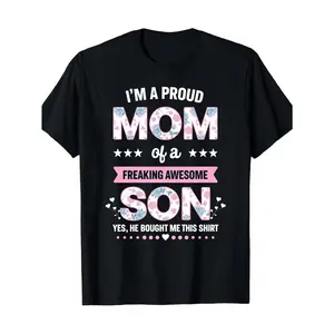 Funny "I'm A Proud Mom of a Freaking Awesome Son" Graphic T-Shirt - Soft Stretch Crewneck Tee with Hearts & Stars, Slim Fit Casual Shirt for Women & Men - Funny Mom Gift for Birthday, Christmas, Mother'S Day - Funny Parenting Saying Apparel - with P