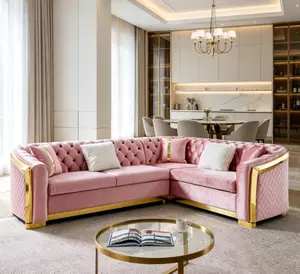 106-Inch L-Shaped Chesterfield Sectional Sofa Set, Velvet Button-Tufted Couch with Gold Stainless Steel Accents, 5 Pillows, Luxury Living Room Indoor Furniture