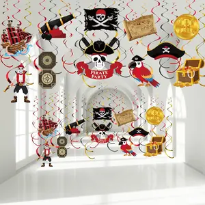 52 Pcs Pirate Party Hanging Swirls Decor Pirate Theme Ceiling Wall Spiral Streamer Pirate Captain Hat Skull Parrot Treasures Ceiling Hanging Swirl