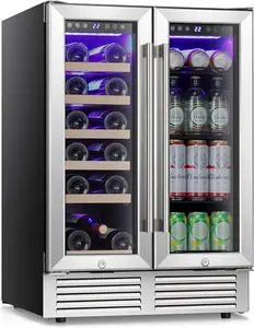 Antarctic Star 24" Dual Zone Wine & Beverage Refrigerator with Glass Door, Blue LED, 18 Bottles & 66 Cans Capacity, Built-in Wine Cooler, Quiet & Low Vibration, Stainless Steel Frame