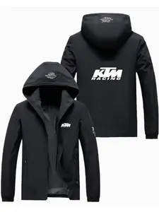 Street Style Ktm Letter Print Hooded Jacket, Long Sleeve, Fitted Polyester Fiber, Casual Spring & Fall Outerwear, Trendy and Durable