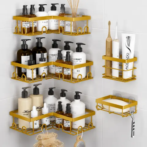 Gold 5-Piece Minimalist Stainless Corner Shower Shelves Set - No Drilling Adhesive Mount, Wall-Mounted Bathroom Gadget, Apartment Accessories, Ideal for Renters, Cozy Home Essential