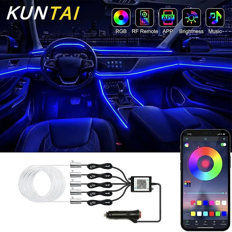 5-in-1 Fiber Optic Ambient Neon LED Decorative Lamp Set, Car Ambient Lighting Accessory with App & Automatic Control, 6M Length, LED for Car
