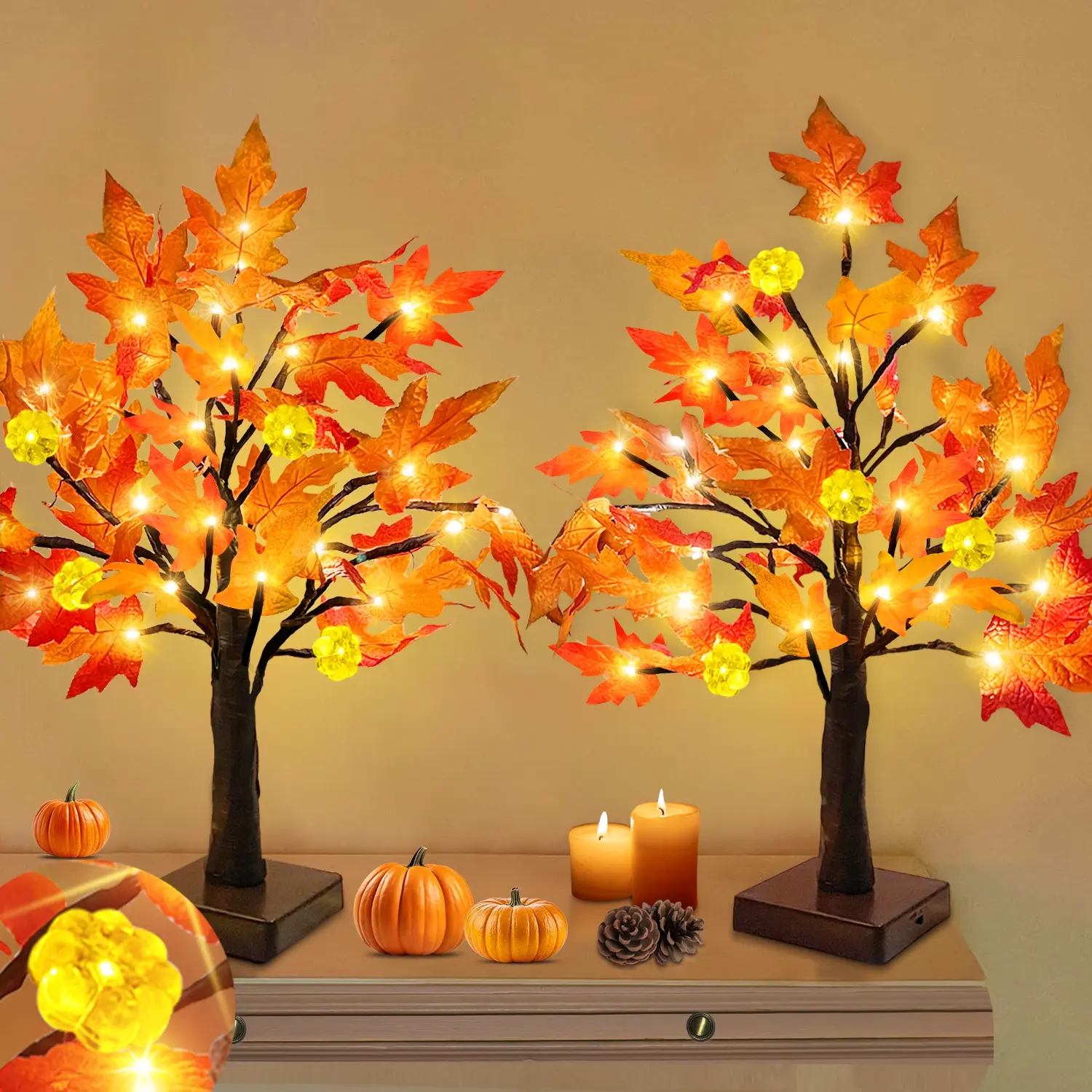 TURNMEON Fall Decor 2 Pack 18 Inch Prelit Fall Maple Tree Fall Decorations for Home with 48 LEDs Timer Battery Operated Pumpkin Lights Lighted Thanksgiving Halloween Decor Table Mantle Indoor Outdoor