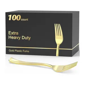 100 Count Heavy Duty Gold Plastic Forks Disposable, BPA-Free, Heat Resistant, Solid and Durable Premium Plastic Disposable Forks for Party Supply