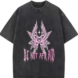 Be Not Afraid Seraphim Angel Goth Washed Cotton T-Shirt, Y2K Christian Streetwear Oversized Tee, Soft Breathable Faith-Based Alt Fashion For Believers