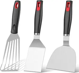 Spatula Set Stainless Steel Kitchen Metal Spatula for Cast Iron Skillet with Silicone Handle, Fish Spatula Turner Flipper for Pancake Burger Egg Cooking Spatulas BBQ Grill Griddle