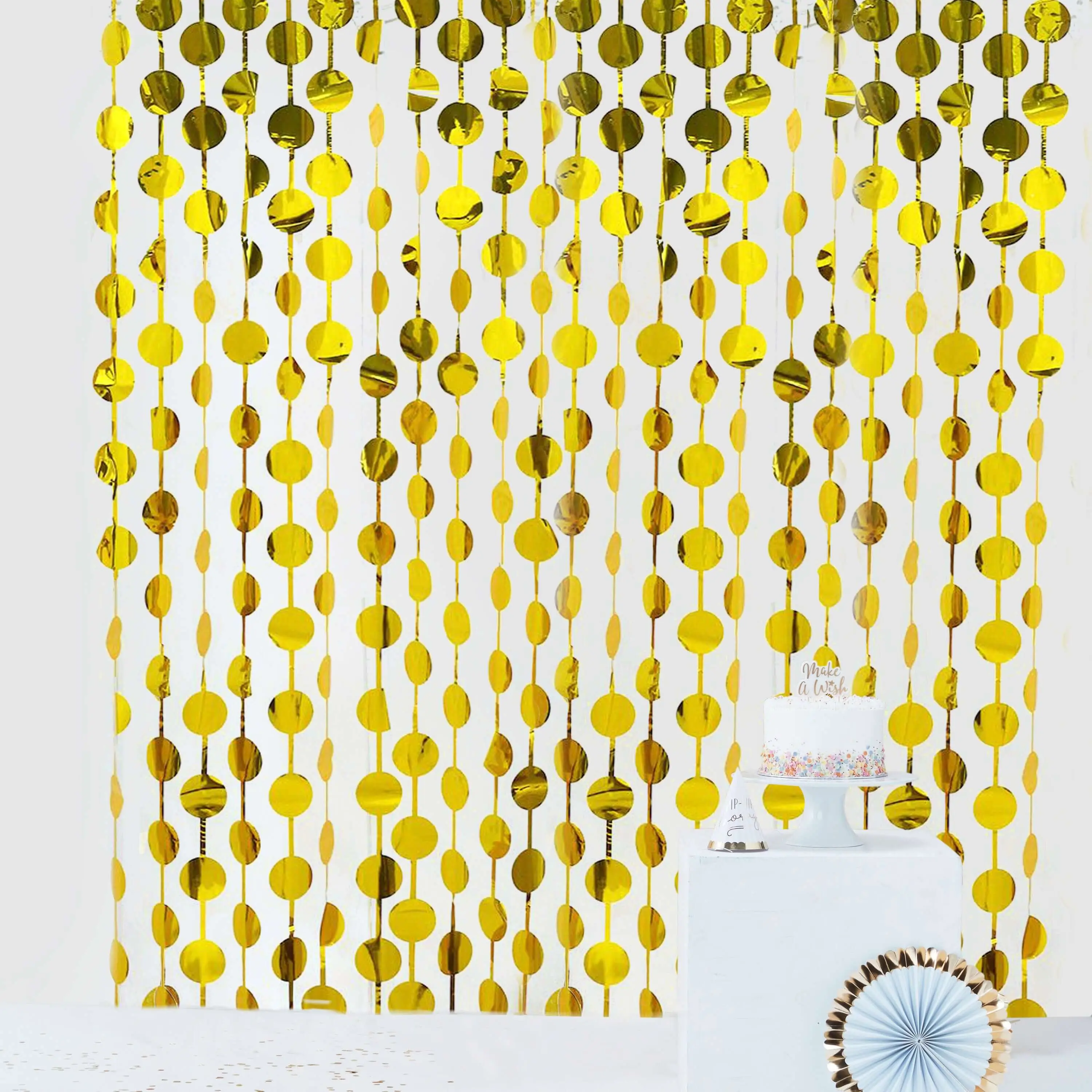 Metallic Gold Round Chain Tinsel Foil Fringe Curtain Party Backdrop, 3ftx6.5ft Festive Decor for Birthday Party, Bridal Shower, Christmas - Doors, Windows Use