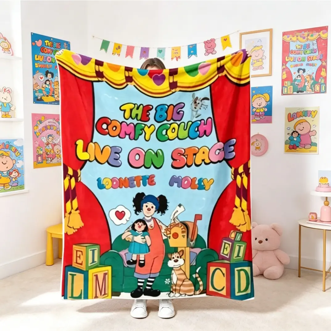 Big Comfy Couch Live Stage Theater Flannel Blanket - Cozy Warm, Fluffy Soft Fleece Throw for Adults, All-Season Use on Sofa Camping, Vibrant Illustration Blanket Gifts, Cozy Warm Blanket