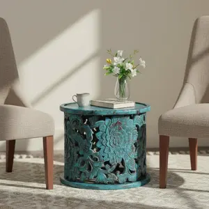 Farmhouse Style Hand Carved Lattice Distressed Blue Round Side Table