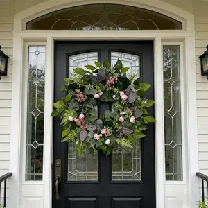 Country Farmhouse Style Greenery Wreath, Light Peony Bud with Eucalyptus Leaves, All-Season Home & Entryway Decoration