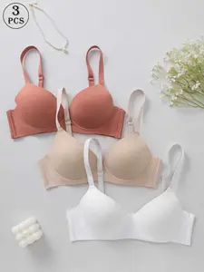 3-Pack Women's Plain Lingerie Bras, Push-Up Underwire Bra, Slim-Fit Medium Support, Elegant Design, All-Season Wear