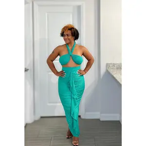 Self-Tie Tube Top and Ruffled Detail Maxi Skirt Set