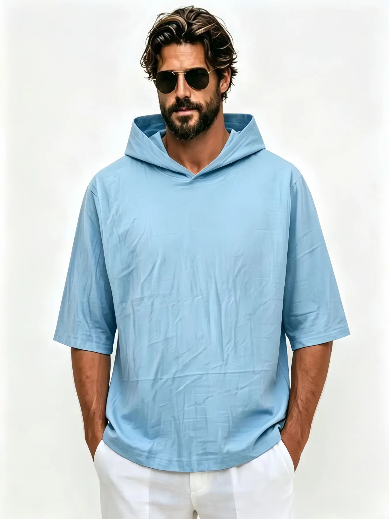Men's European Style Textured Hooded Short Sleeve T-Shirt, Casual Loose Fit, Breathable Fabric, Comfortable for Daily Wear and Light Sports