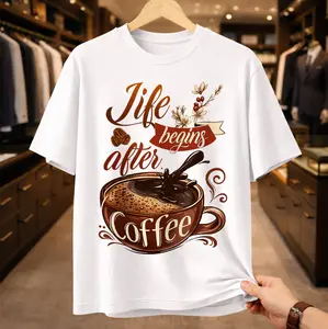 Life Begins After Coffee Graphic T-Shirt Men's Unisex White Crew Neck Short Sleeve Tee Coffee Lover Gift Vintage Style Top