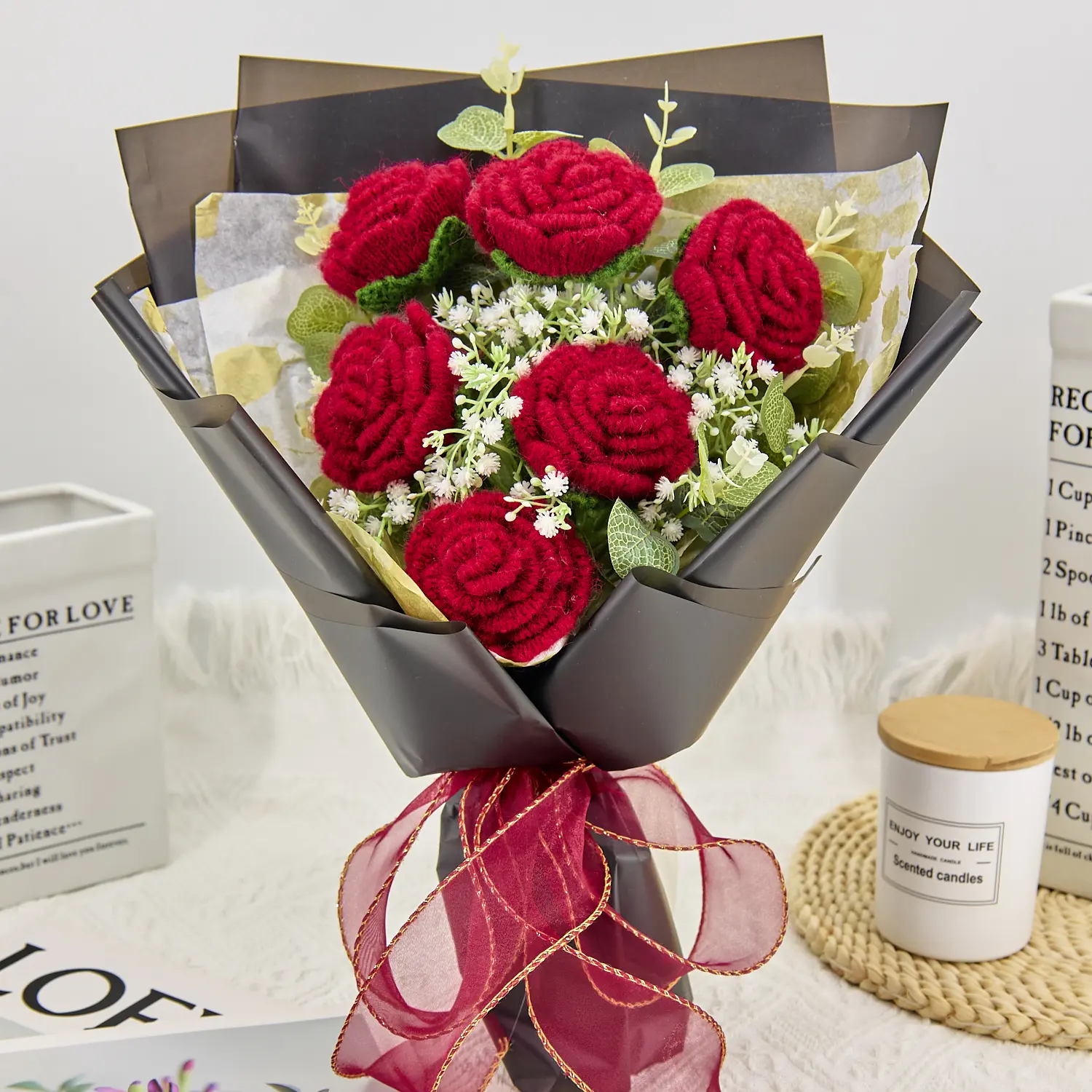 Handmade Crochet Flowers Bouquet Gift for Girlfriend Birthday Wedding Anniversary Just Because Graduation Gift with Roses Forever Flowers for Her Wrapped Elegant Multi Color Design with Greeting Card US Fast Shipping Birth Month Flowers Women's Gift