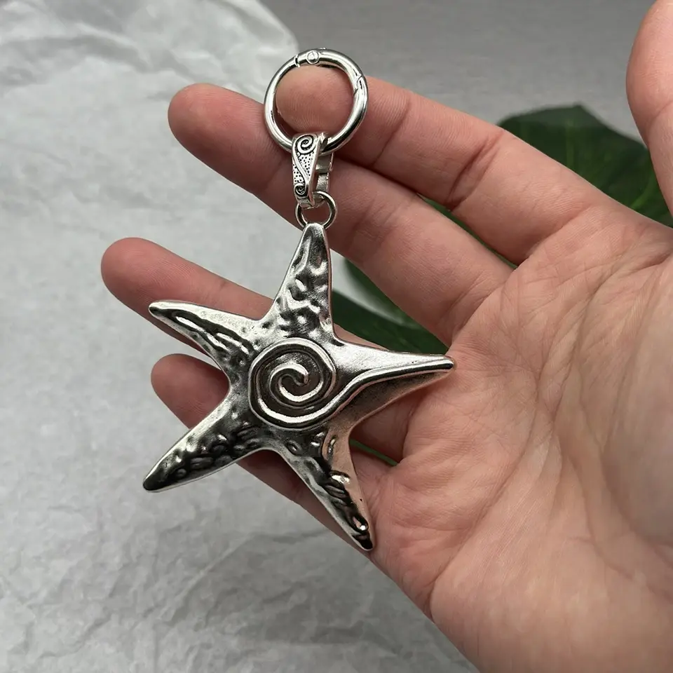 Retro Y2K Starfish Pendant Keychain Silver Plated Star Fish Charm Beach Keychain Ocean Purse Bag Chain Accessories Keychain