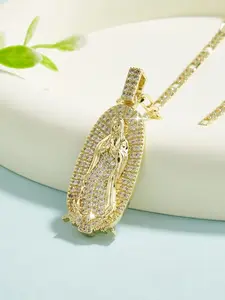 Luxury Virgin Mary Pendant Necklace, Fashion Full Diamond Copper Plated 14k Gold Christian Jewelry, 60cm Flat Chain, Women's Party Prayer Gift