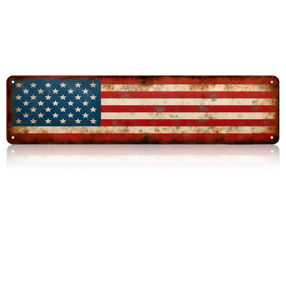 American Flag Aluminum Sign Vintage Patriotic Metal Wall Decor Rustic USA Flag Plaque For Porch Garage Cabin Man Cave BBQ Patio Independence Day Memorial Day Or Veterans Gift 16×4 Inch