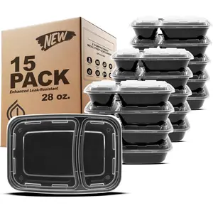[New Deal]- Meal Prep Containers [15 Pack] 2 Compartment with Lids, Food Storage Containers, Bento Box, BPA Free, Stackable, Microwave/Dishwasher/Freezer Safe (28 oz), Black Kitchen Utensils